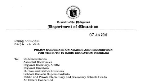 do 36 2016|DepEd Order 36: Policy Guidelines on Awards and Recognition .